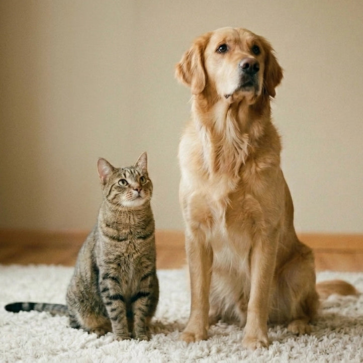 A golden retriever dog and a gray tabby cat sitting side by side on a white shag rug in a brightly lit room.